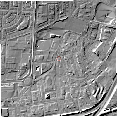 Shaded relief map of the ground around WA86AD, computed from Environment Agency LiDAR. The ground here sits at about 10 m above sea level and falls 10 m across the surrounding 800 m. Surface water reaching this point runs off ground lying to the north-north-east, 1.8 m higher.