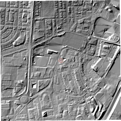 Shaded relief map of the ground around WA86AP, computed from Environment Agency LiDAR. The ground here sits at about 10 m above sea level and falls 13 m across the surrounding 800 m. Surface water reaching this point runs off ground lying to the east, 1.3 m higher.