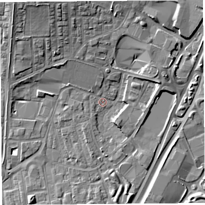 Shaded relief map of the ground around WA86BT, computed from Environment Agency LiDAR. The ground here sits at about 10 m above sea level and falls 14 m across the surrounding 800 m. Surface water reaching this point runs off ground lying to the south-west, 1.6 m higher.