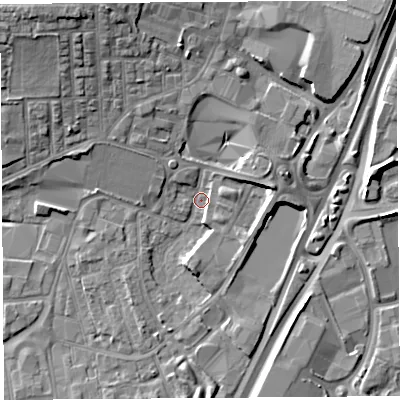 Shaded relief map of the ground around WA86BU, computed from Environment Agency LiDAR. The ground here sits at about 11 m above sea level and falls 13 m across the surrounding 800 m. Surface water reaching this point runs off ground lying to the north-west, 12.3 m higher.