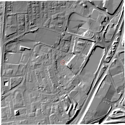 Shaded relief map of the ground around WA86BY, computed from Environment Agency LiDAR. The ground here sits at about 9 m above sea level and falls 12 m across the surrounding 800 m. Surface water reaching this point runs off ground lying to the north-north-west, 8.9 m higher.