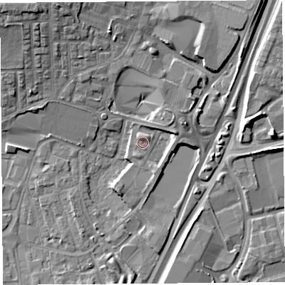 Shaded relief map of the ground around WA86DA, computed from Environment Agency LiDAR. The ground here sits at about 12 m above sea level and falls 13 m across the surrounding 800 m. Surface water reaching this point runs off ground lying to the north-east, 2.2 m higher.