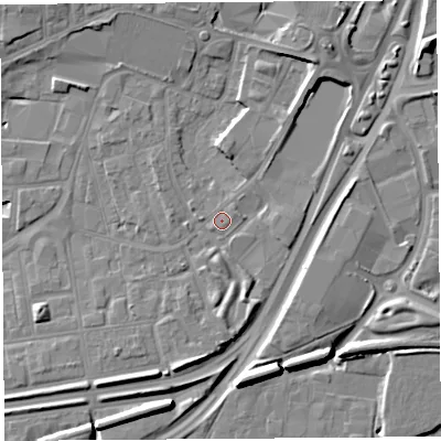 Shaded relief map of the ground around WA86DB, computed from Environment Agency LiDAR. The ground here sits at about 10 m above sea level and falls 12 m across the surrounding 800 m. Surface water reaching this point runs off ground lying to the north-east, 0.9 m higher.