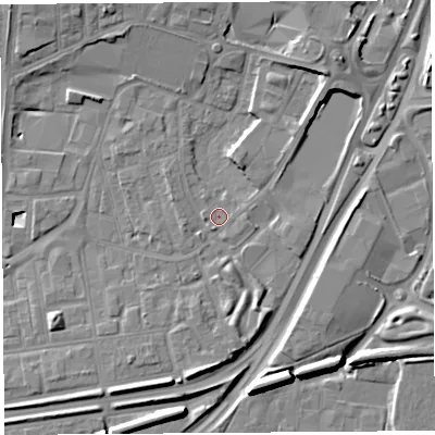 Shaded relief map of the ground around WA86DD, computed from Environment Agency LiDAR. The ground here sits at about 10 m above sea level and falls 9 m across the surrounding 800 m. Surface water reaching this point runs off ground lying to the north-east, 6.1 m higher.