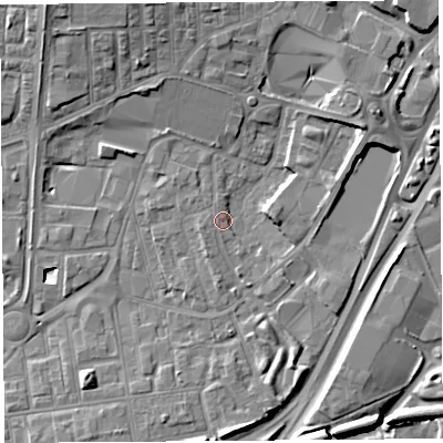 Shaded relief map of the ground around WA86DE, computed from Environment Agency LiDAR. The ground here sits at about 10 m above sea level and falls 11 m across the surrounding 800 m. Surface water reaching this point runs off ground lying to the north-north-west, 1.5 m higher.