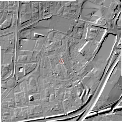 Shaded relief map of the ground around WA86DG, computed from Environment Agency LiDAR. The ground here sits at about 10 m above sea level and falls 10 m across the surrounding 800 m. Surface water reaching this point runs off ground lying to the south-east, 1.2 m higher.