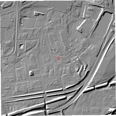 Shaded relief map of the ground around WA86DH, computed from Environment Agency LiDAR. The ground here sits at about 10 m above sea level and falls 11 m across the surrounding 800 m. Surface water reaching this point runs off ground lying to the north-east, 6.5 m higher.