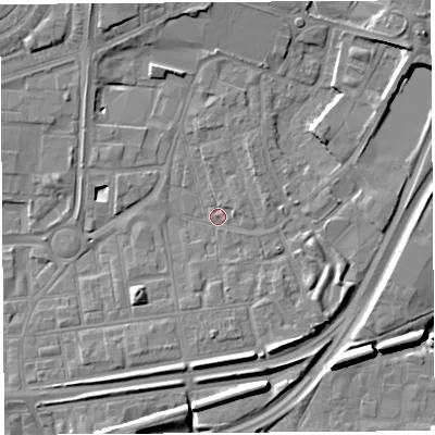 Shaded relief map of the ground around WA86DJ, computed from Environment Agency LiDAR. The ground here sits at about 10 m above sea level and falls 9 m across the surrounding 800 m. Surface water reaching this point runs off ground lying to the north-east, 6.7 m higher.