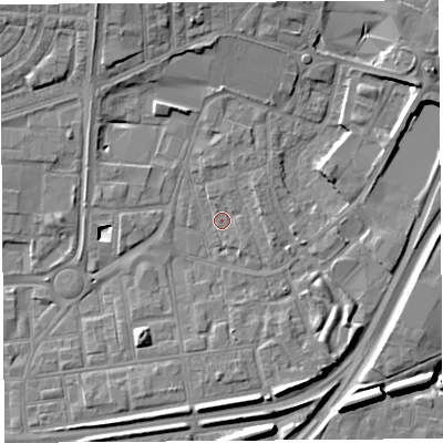 Shaded relief map of the ground around WA86DQ, computed from Environment Agency LiDAR. The ground here sits at about 10 m above sea level and falls 9 m across the surrounding 800 m. Surface water reaching this point runs off ground lying to the east-north-east, 1.5 m higher.