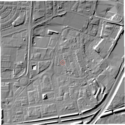 Shaded relief map of the ground around WA86DW, computed from Environment Agency LiDAR. The ground here sits at about 10 m above sea level and falls 9 m across the surrounding 800 m. Surface water reaching this point runs off ground lying to the east, 1.6 m higher.