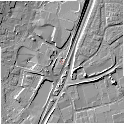 Shaded relief map of the ground around WA86UF, computed from Environment Agency LiDAR. The ground here sits at about 13 m above sea level and falls 13 m across the surrounding 800 m. Surface water reaching this point runs off ground lying to the north-north-east, 10.1 m higher.