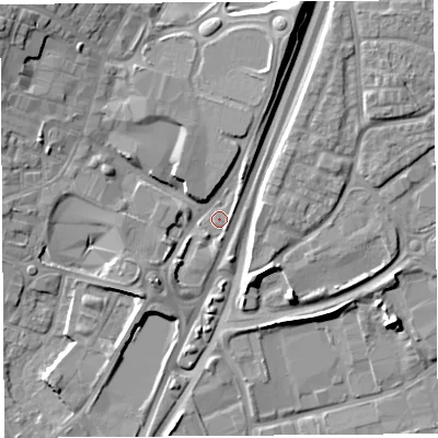 Shaded relief map of the ground around WA86UG, computed from Environment Agency LiDAR. The ground here sits at about 13 m above sea level and falls 14 m across the surrounding 800 m. Surface water reaching this point runs off ground lying to the north-north-east, 10.3 m higher.