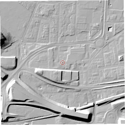 Shaded relief map of the ground around WA87AE, computed from Environment Agency LiDAR. The ground here sits at about 9 m above sea level and falls 20 m across the surrounding 800 m. Surface water reaching this point runs off ground lying to the east-north-east, 1.0 m higher.