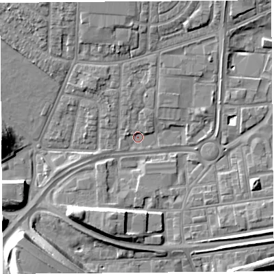 Shaded relief map of the ground around WA87AF, computed from Environment Agency LiDAR. The ground here sits at about 8 m above sea level and falls 11 m across the surrounding 800 m. Surface water reaching this point runs off ground lying to the north-north-east, 2.7 m higher.