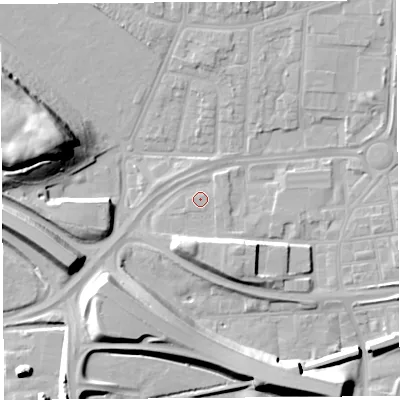 Shaded relief map of the ground around WA87AL, computed from Environment Agency LiDAR. The ground here sits at about 9 m above sea level and falls 20 m across the surrounding 800 m. Surface water reaching this point runs off ground lying to the east, 0.8 m higher.