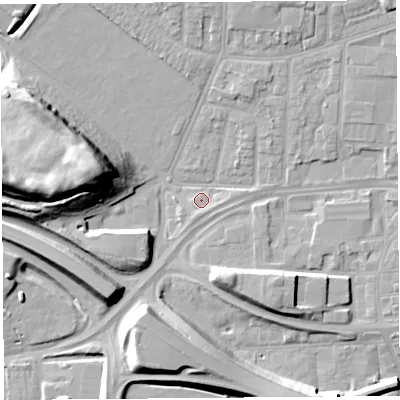 Shaded relief map of the ground around WA87AP, computed from Environment Agency LiDAR. The ground here sits at about 8 m above sea level and falls 21 m across the surrounding 800 m. Surface water reaching this point runs off ground lying to the west, 11.9 m higher.