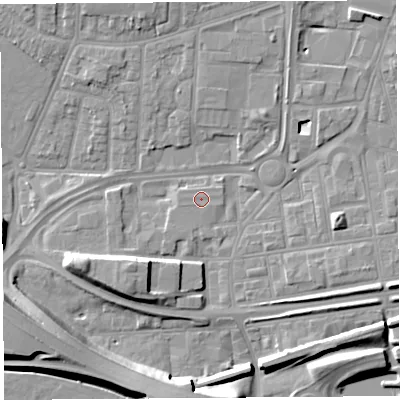 Shaded relief map of the ground around WA87AQ, computed from Environment Agency LiDAR. The ground here sits at about 9 m above sea level and falls 11 m across the surrounding 800 m. The ground contributing surface water to this point lies to the east-south-east.