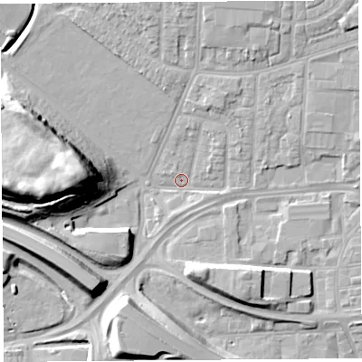 Shaded relief map of the ground around WA87AR, computed from Environment Agency LiDAR. The ground here sits at about 8 m above sea level and falls 20 m across the surrounding 800 m. Surface water reaching this point runs off ground lying to the west, 11.5 m higher.