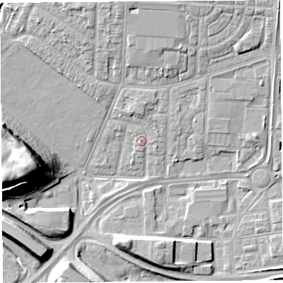 Shaded relief map of the ground around WA87AT, computed from Environment Agency LiDAR. The ground here sits at about 9 m above sea level and falls 20 m across the surrounding 800 m. Surface water reaching this point runs off ground lying to the west-south-west, 19.4 m higher.