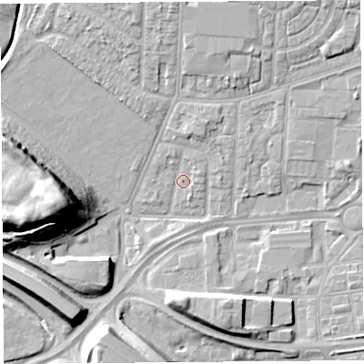 Shaded relief map of the ground around WA87AU, computed from Environment Agency LiDAR. The ground here sits at about 8 m above sea level and falls 20 m across the surrounding 800 m. Surface water reaching this point runs off ground lying to the west, 19.5 m higher.
