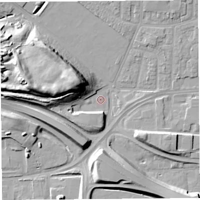 Shaded relief map of the ground around WA87AW, computed from Environment Agency LiDAR. The ground here sits at about 8 m above sea level and falls 20 m across the surrounding 800 m. Surface water reaching this point runs off ground lying to the west, 19.5 m higher.