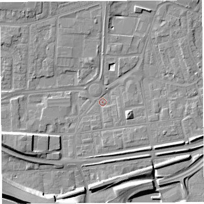 Shaded relief map of the ground around WA87AX, computed from Environment Agency LiDAR. The ground here sits at about 9 m above sea level and falls 11 m across the surrounding 800 m. Surface water reaching this point runs off ground lying to the east-south-east, 5.6 m higher.