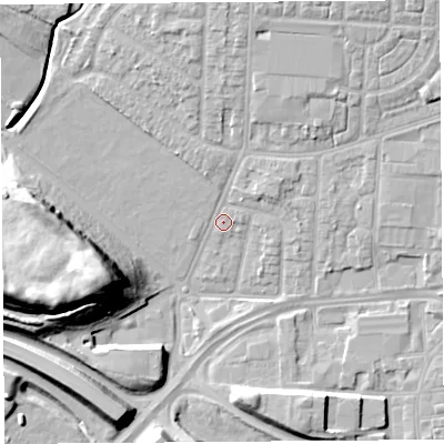 Shaded relief map of the ground around WA87BD, computed from Environment Agency LiDAR. The ground here sits at about 9 m above sea level and falls 20 m across the surrounding 800 m. Surface water reaching this point runs off ground lying to the north, 5.6 m higher.
