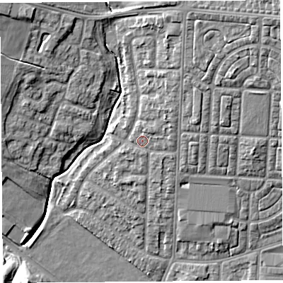 Shaded relief map of the ground around WA87BL, computed from Environment Agency LiDAR. The ground here sits at about 14 m above sea level and falls 16 m across the surrounding 800 m. Surface water reaching this point runs off ground lying to the north-north-east, 3.5 m higher.
