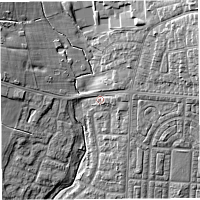 Shaded relief map of the ground around WA87ER, computed from Environment Agency LiDAR. The ground here sits at about 18 m above sea level and falls 19 m across the surrounding 800 m. Surface water reaching this point runs off ground lying to the east-north-east, 3.5 m higher.