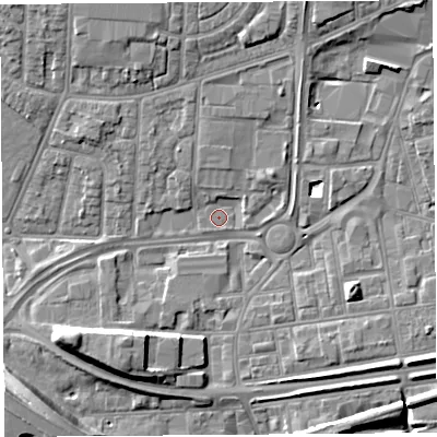 Shaded relief map of the ground around WA87GD, computed from Environment Agency LiDAR. The ground here sits at about 8 m above sea level and falls 11 m across the surrounding 800 m. Surface water reaching this point runs off ground lying to the north-east, 2.0 m higher.
