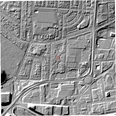 Shaded relief map of the ground around WA87JT, computed from Environment Agency LiDAR. The ground here sits at about 10 m above sea level and falls 10 m across the surrounding 800 m. Surface water reaching this point runs off ground lying to the north-north-east, 1.1 m higher.