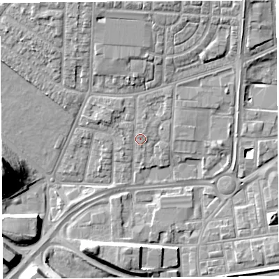 Shaded relief map of the ground around WA87JY, computed from Environment Agency LiDAR. The ground here sits at about 10 m above sea level and falls 20 m across the surrounding 800 m. Surface water reaching this point runs off ground lying to the north-north-west, 5.1 m higher.