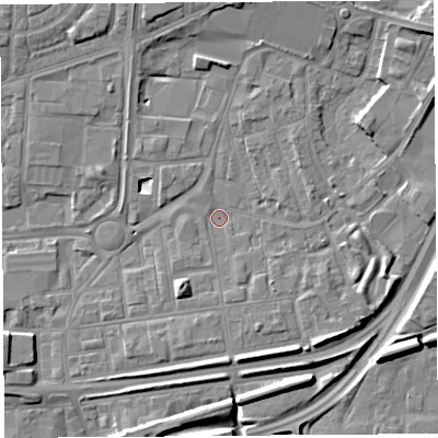 Shaded relief map of the ground around WA87QB, computed from Environment Agency LiDAR. The ground here sits at about 9 m above sea level and falls 8 m across the surrounding 800 m. Surface water reaching this point runs off ground lying to the north-east, 6.0 m higher.