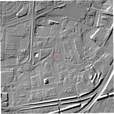 Shaded relief map of the ground around WA87QT, computed from Environment Agency LiDAR. The ground here sits at about 9 m above sea level and falls 9 m across the surrounding 800 m. Surface water reaching this point runs off ground lying to the north-east, 6.6 m higher.