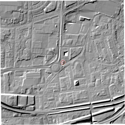 Shaded relief map of the ground around WA87QY, computed from Environment Agency LiDAR. The ground here sits at about 9 m above sea level and falls 8 m across the surrounding 800 m. Surface water reaching this point runs off ground lying to the north, 1.8 m higher.