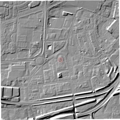 Shaded relief map of the ground around WA87QZ, computed from Environment Agency LiDAR. The ground here sits at about 10 m above sea level and falls 8 m across the surrounding 800 m. Surface water reaching this point runs off ground lying to the north-north-east, 0.9 m higher.