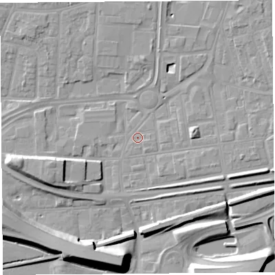 Shaded relief map of the ground around WA87RA, computed from Environment Agency LiDAR. The ground here sits at about 9 m above sea level and falls 12 m across the surrounding 800 m. Surface water reaching this point runs off ground lying to the south-south-east, 0.6 m higher.