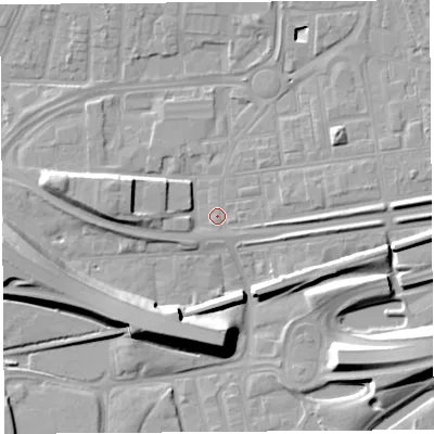 Shaded relief map of the ground around WA87RD, computed from Environment Agency LiDAR. The ground here sits at about 8 m above sea level and falls 12 m across the surrounding 800 m. Surface water reaching this point runs off ground lying to the west-north-west, 6.8 m higher.