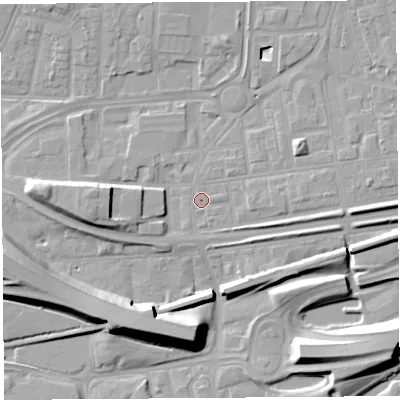 Shaded relief map of the ground around WA87RJ, computed from Environment Agency LiDAR. The ground here sits at about 9 m above sea level and falls 12 m across the surrounding 800 m. Surface water reaching this point runs off ground lying to the west, 6.8 m higher.