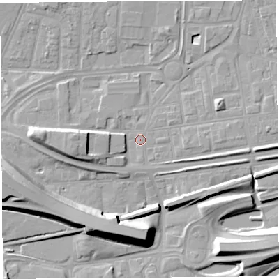 Shaded relief map of the ground around WA87RP, computed from Environment Agency LiDAR. The ground here sits at about 8 m above sea level and falls 12 m across the surrounding 800 m. Surface water reaching this point runs off ground lying to the west, 6.8 m higher.