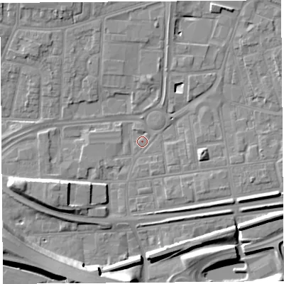 Shaded relief map of the ground around WA87RS, computed from Environment Agency LiDAR. The ground here sits at about 9 m above sea level and falls 11 m across the surrounding 800 m. Surface water reaching this point runs off ground lying to the east, 5.6 m higher.