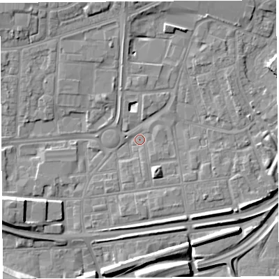 Shaded relief map of the ground around WA87RT, computed from Environment Agency LiDAR. The ground here sits at about 9 m above sea level and falls 9 m across the surrounding 800 m. Surface water reaching this point runs off ground lying to the north, 6.1 m higher.