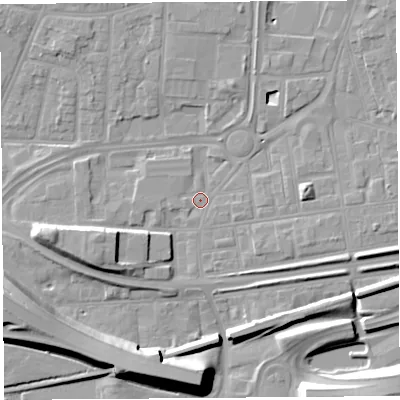 Shaded relief map of the ground around WA87RU, computed from Environment Agency LiDAR. The ground here sits at about 9 m above sea level and falls 12 m across the surrounding 800 m. Surface water reaching this point runs off ground lying to the north-west, 1.0 m higher.