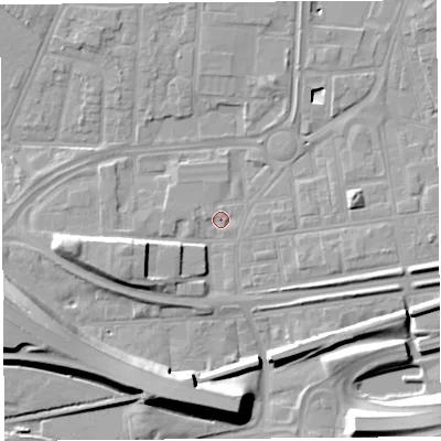 Shaded relief map of the ground around WA87RX, computed from Environment Agency LiDAR. The ground here sits at about 9 m above sea level and falls 12 m across the surrounding 800 m. Surface water reaching this point runs off ground lying to the west-south-west, 6.7 m higher.