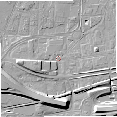 Shaded relief map of the ground around WA87RY, computed from Environment Agency LiDAR. The ground here sits at about 8 m above sea level and falls 12 m across the surrounding 800 m. Surface water reaching this point runs off ground lying to the west, 6.8 m higher.