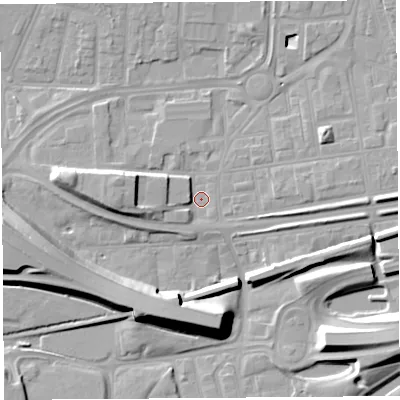 Shaded relief map of the ground around WA87SB, computed from Environment Agency LiDAR. The ground here sits at about 8 m above sea level and falls 12 m across the surrounding 800 m. Surface water reaching this point runs off ground lying to the west, 6.6 m higher.