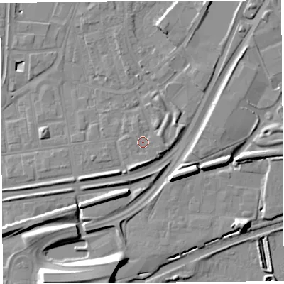 Shaded relief map of the ground around WA87SF, computed from Environment Agency LiDAR. The ground here sits at about 10 m above sea level and falls 14 m across the surrounding 800 m. Surface water reaching this point runs off ground lying to the south, 2.3 m higher.