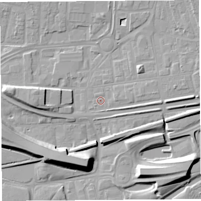 Shaded relief map of the ground around WA87SG, computed from Environment Agency LiDAR. The ground here sits at about 9 m above sea level and falls 12 m across the surrounding 800 m. Surface water reaching this point runs off ground lying to the east, 2.2 m higher.