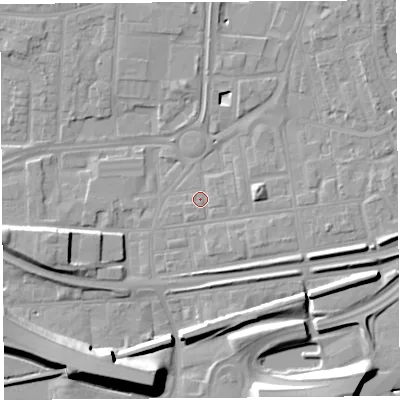 Shaded relief map of the ground around WA87SJ, computed from Environment Agency LiDAR. The ground here sits at about 9 m above sea level and falls 12 m across the surrounding 800 m. Surface water reaching this point runs off ground lying to the east, 3.2 m higher.