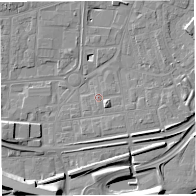 Shaded relief map of the ground around WA87SN, computed from Environment Agency LiDAR. The ground here sits at about 10 m above sea level and falls 11 m across the surrounding 800 m. Surface water reaching this point runs off ground lying to the west-north-west, 0.8 m higher.